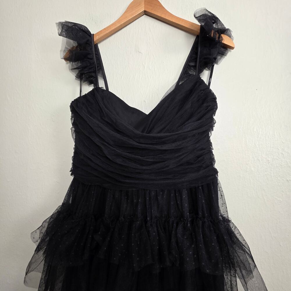 NWT Lulus Pure Radiance Black Mesh Swiss Dot Tiered Maxi Dress Large - Picture 6 of 12